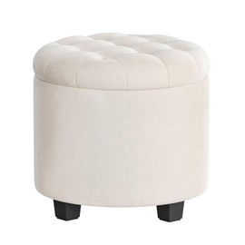 SONGMICS Round Ottoman, Ottoman with Storage, 17.7 x 17.7 x 17.5 Inches, Foot Rest with Legs, Velvet, Load up to 330 lb, for Living Room, Bedroom, Cream White ULOM012W01