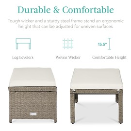 Best Choice Products Set of 2 Wicker Ottomans, Multipurpose Outdoor Furniture for Patio, Backyard, Additional Seating, Footrest, Side Table w/Removable Cushions, Steel Frame - White Sand/Taupe
