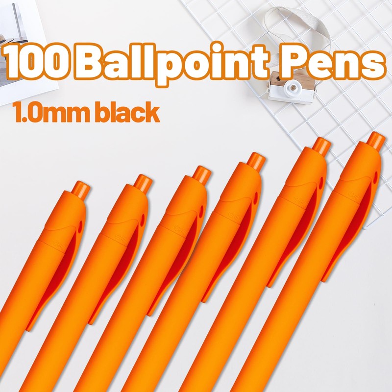 Wiaziert BallPoint Pens, 100 Pack (BLACK Ink),Bulk Pens, Orange Barrel,Click
