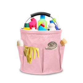 Universal Cleaning Caddy, Cleaning Supplies Organiser, Foldable Basket, Portable Practical Tool Basket with Handle and 6 Pockets, Foldable Fabric Storage Bag for Towels, Shower Gel (Pink)