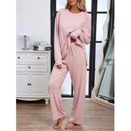 Famulily Wide Leg Loungewear Sets for Women UK, Ladies Pjs Leisure Suits Nightwear 2 Piece Outfits Matching Pyjamas Bottoms and Loose Fit Tops (L, Pink)