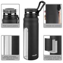 Termos Para Agua 1 Litro,Termo Acero Inoxidable Con Infusor De Té,Termos Para Cafe,Tapa HerméTica Antigoteo, Con Asa Para Transportar,Sin Bpa,Para Agua FríA (24 Horas) O Caliente (12 Horas) (Negro)