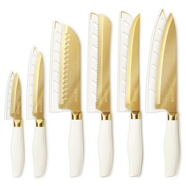CAROTE 12PCS Kitchen Knife Set, Healthy Gold Titanium Coating Knife Set, Dishwasher Safe with 6 Blade Guards, Rustproof Stainless Steel Cutlery Set, White and Gold