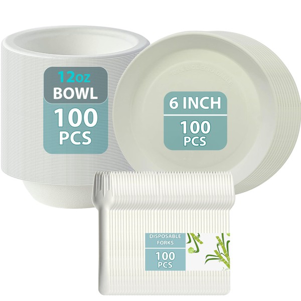 SIMOND STORE - 300 PCS (100 Set) Biodegradable Paper Plates,