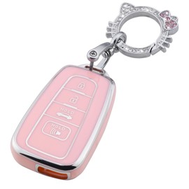 Pangpai Pink Key Fob Cover for Toyota, Soft TPU Key Case Protection with Bling Keychain Fit for 2018-2022 Camry RAV4 Highlander Avalon C-HR Prius Corolla GT86 Smart Key Holder