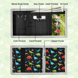 Lattlefnki Kids Wallet for Boys, Boys Wallets for Kids 4-12 Trifold Wallet with Zippered Coin Pocket and Card Holders, Birthday Christmas Gifts Wallet - Black Dinosaur