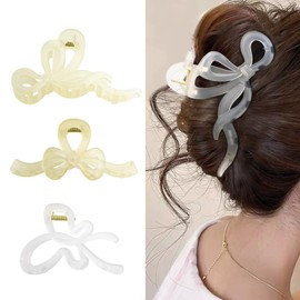 Sppry Large Bow Butterfly Claw Clips for Women Thick Hair, Set of 3 (Beige & White)