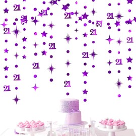 Purple Number 21 Circle Dot Twinkle Star Garland Metallic Hanging Streamer Bunting Banner Backdrop Decoration for Girls Boys 21st Birthday Finally Legal Twenty One Anniversary Wedding Party Supplies