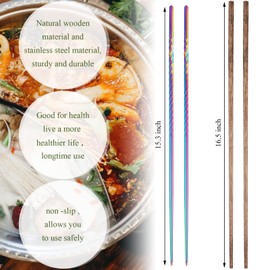 4 Pairs Long Cooking Chopsticks 15.3 Inch Extra Long Stainless Steel Chopsticks with Non Slip Threaded, 16.5 Inch Wooden Noodles Kitchen Cooking Frying Hot Pot Chopsticks (Mixed Color, Wood Color)