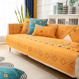 Rosygulls Boho Chenille Couch Covers,Geometric Couch Covers for Sofa,Chenille Couch Cover Non Slip,Sectional l Shaped Sofa Furniture Protector Cover for Home Decor,Orange_4 Seat 43x94in/110x240cm