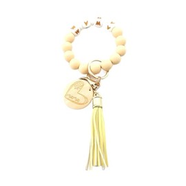 Fuqimanman2020 MAMA Keychain Silicone Bead Wooden MAMA Tag Bracelet PU Tassel Key Ring Wristlet Keychain Mother’s Day Gift-yellow
