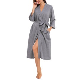 Lovasy Waffle Dressing Gowns for Women UK Lightweight Spa & Bath Robes for Women Ladies Kimono Dressing Gowns Women's Full-Length Waffle Robe Housecoat with Pockets,Grey,L