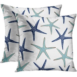 Emvency Set of 2 Throw Pillow Covers Beach Ocean Coastal Green and Blue Starfish Decorative Pillow Cases Home Decor Standard Square 20x20 Inches Summer White Pillowcases