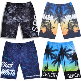 Men's Plus Size Mid-Length Boxer Swim Trunks for Beach & Hot Springs Black Coconut Tree 10ea
