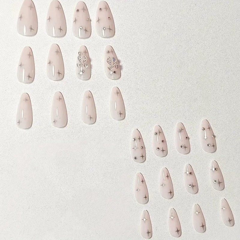 24pcs Medium Almond False Nails - Nude Rhinestone Butterfly &