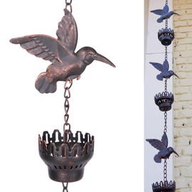 SMQLJXC 8.5Ft Hummingbird and Cup Rain Chain Outdoor Decorative Rain Gutter Drain Rain Catcher Gutter Chain with Bell