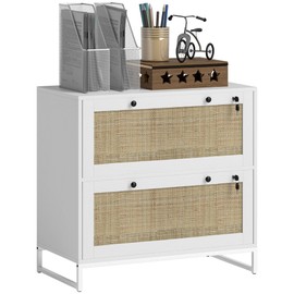 Vinsetto 2 Rattan Drawer File Cabinet with Lock, Lateral Filing Cabinet with Adjustable Hanging Bar for Letter, A4 and Legal Size Files, Printer Stand for Home Office, White