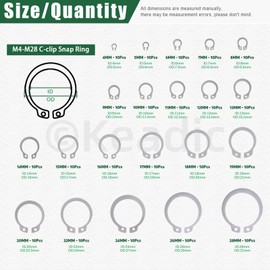 Keadic 211Pcs 21Sizes C-clip Internal Snap Rings Assortment Kit with Tweezers, 304 Stainless Steel [M4 to M28] External Circlip Retaining Rings (304 Stainless Steel C-clip)