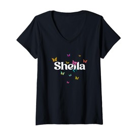 Womens Sheila - Adorable Girl Name with Colorful Butterlies V-Neck T-Shirt