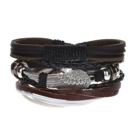 Stands Out, Supplying Outstanding Gifts Unisex Mens Womens Whirlybird Stacker Black Silver Angel Wing Leather Bracelet Wide Multi Row Layer Stack Wristband