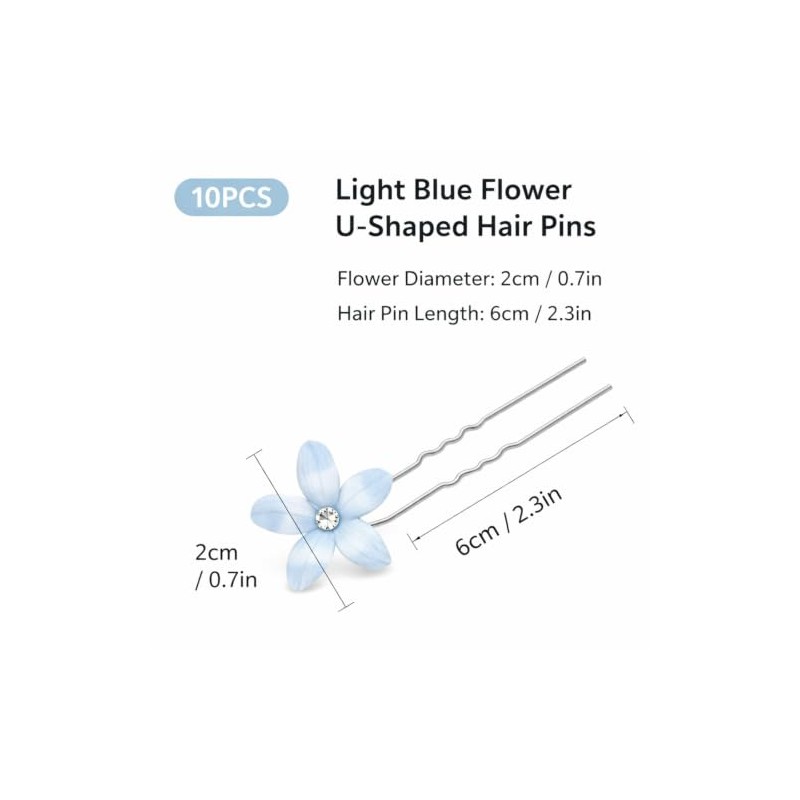 10Pcs Blue Flower Hair Pins,Rhinestone U-Shaped Bridal Hair Accessories