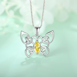 FJ Butterfly Necklace 925 Sterling Silver Irish Celtic Knot Pendant November Birthstone Necklace Citrine Jewelry Gifts for Women