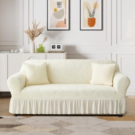 WONGS BEDDING Stretch Velvet Sofa Slipcover, Cushion Couch Cover with Skirt, Pet Friendly Durable Washable Stretchable, Easy Fit Universal Furniture Protector, (57"-73",Beige)