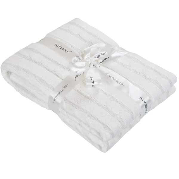 NTBAY 100% Pure Cotton Cable Knit Toddler Blanket, Super Soft and Warm Breathable Baby Blanket for Cot Bed, Stroller, Nursery, Travel, Newborn, White, 76x102 cm