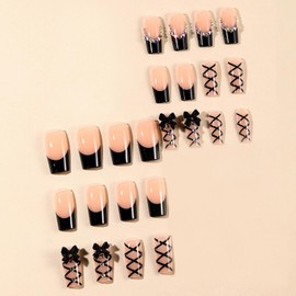MISUD Press on Nails Long Square Fake Nails Glossy Glue on Nails Black French Tip Acrylic Nails Squoval Artificial Nails Rhinestone Bow Stick on False Nails with Design 24 pcs