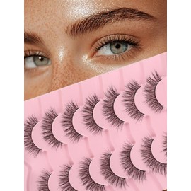 Natural Lashes False Eyelashes 15mm Wispy Eyelashes with Thin Band 3D Volume False Lashes Soft Strip Lashes Pack C Curl Natural Eyelashes Fake Lashes 7 Pair EVENTILL