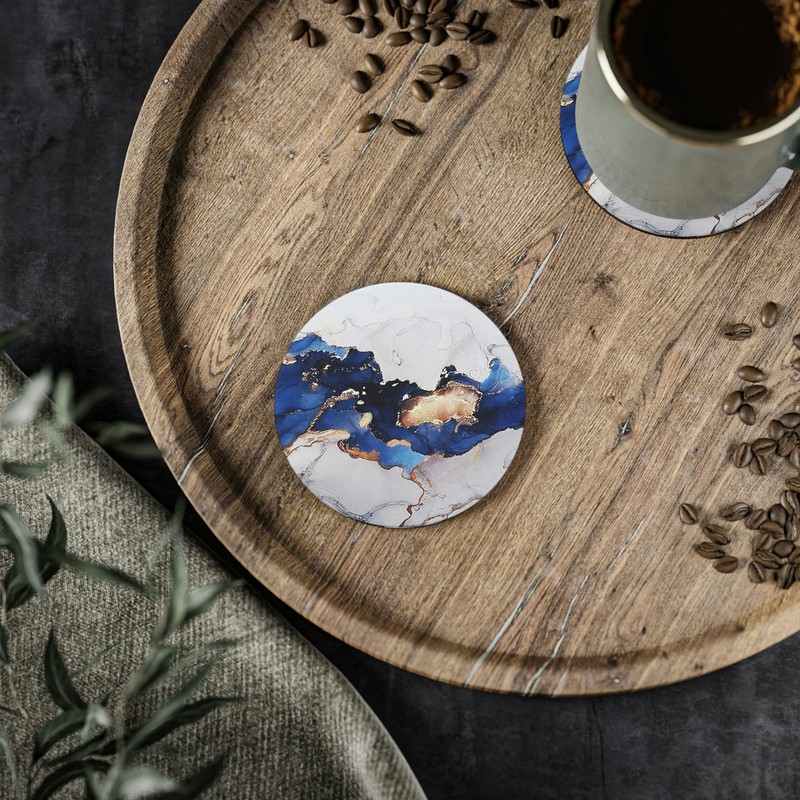 Set of 4 Ceramic Drink Coasters Blue White Gold Marble