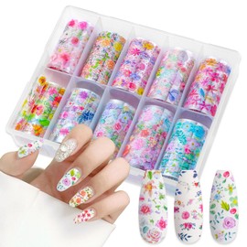 JERCLITY 10 Rolls Spring Flowers Nail Foil Transfer Sticker Kit Nail Foil Sheets Foil Nail Art Decals Flower Nail Foil Transfer Stickers Foil Nail Wraps for Foil Nail Art(Flower-2)
