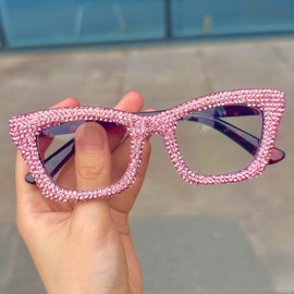 bullabulling Oprah style Bling Rhinestone Square Reading Glasses For Women Shiny Diamond Blue Light Blocking Eyeglasses Z05 (pink, 1.75, x)
