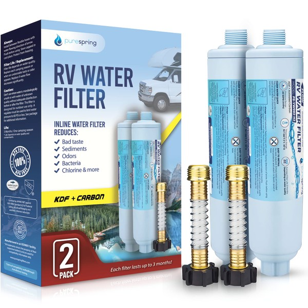 PureSpring RV/Camper Water Filter with Flexible Hose Protector | Inline Water Filter Reduces Chlorine, Odors, Bad Taste in Drinking Water (2 Pack)