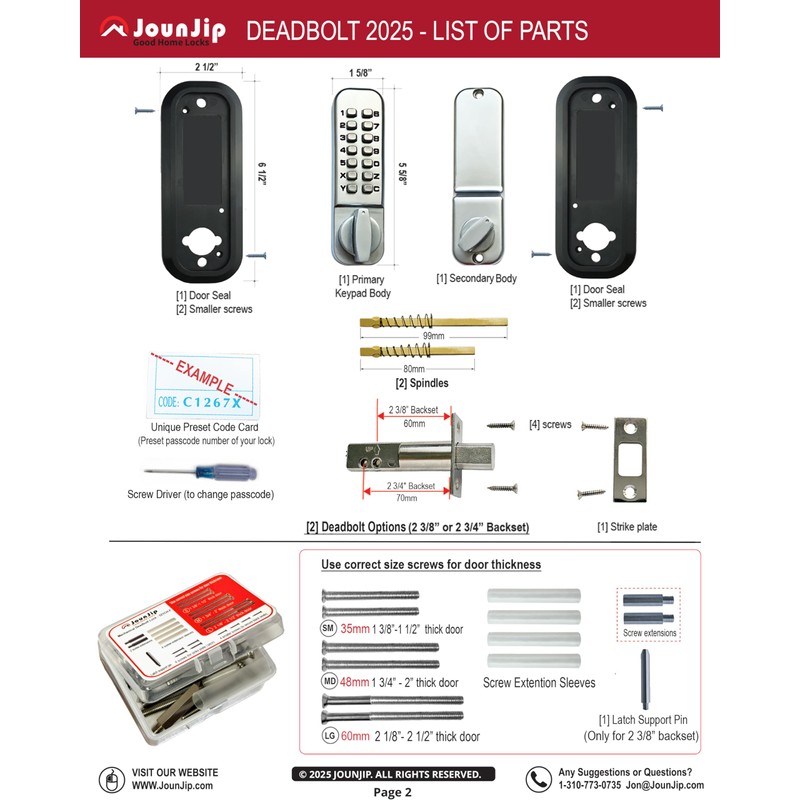 JOUNJIP Mechanical Deadbolt Lock - Keyless Entry Door Lock -