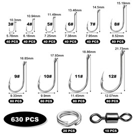 Realure 630 Pcs/10 Sizes Barbed Fishing Hooks with Fishing Split Rings & Rolling Fishing Swivels Set Carbon Steel Eyed Sea Circle Fish Hooks 12# 11# 10# 9# 8# 7# 6# 5# 4# 3# for Carp Fishing Tackle