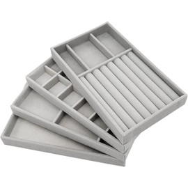 PIQIUQIU Pack of 4 Jewellery Trays, Stackable Jewellery Organiser, Jewellery Storage, Drawer for Storing and Displaying Earrings, Necklaces, Rings (Grey)