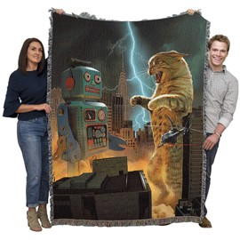 Pure Country Weavers Catzilla Vs Robot Blanket by Vincent HIE - Godzilla Robot Movie Parady - Cute Funny Gift Tapestry Throw Woven from Cotton - Made in The USA (72x54)
