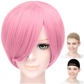 CaseEden 6110 Premium Cosplay Wig, Smooth, Short Bob, Short, Light Pink, Pink