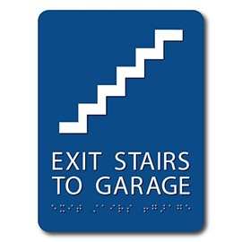 The Sign Studio - 6" x 9" - Blue/White - ADA - Exit Stairs to Garage with Pictorial Sign with Tactile & Braille
