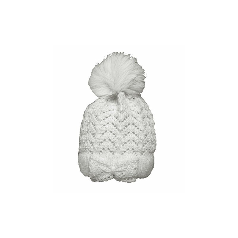 Baby White Girls Crochet Knitted Bow Bobble Hat - Fully