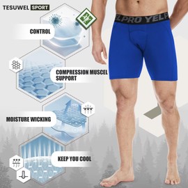 Tesuwel Long Compression Shorts Men Quick Dry Running Basketball Spandex Shorts Athletic Compression Underwear for Men Light Sports Tight Under Shorts for Soccer Exercise, Cool Support 11045 Blue M