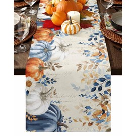 Ldtrchee Navy Blue Pumpkins Fall Table Runner - Cotton Linen 36 Inches Long, Orange White Thanksgiving Tablerunner Dress Scarves, Eucalyptus Autumn Table Runner for Dining/Coffee/Holiday, Rustic Beige