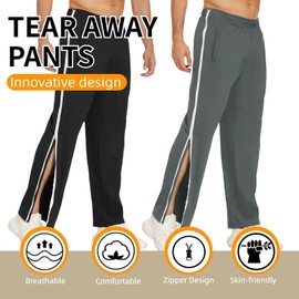 WEEOATAR Men Tear Away Pants Post Surgery Breakaway Basketball Pants,2 Sides Zippers with Pockets,Open Bottom and Loose Fit for Post-op,Disabled and Incontinence(Grey,L)