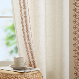 LOHUT Boho Linen Sheer Curtains 84 Inches Long 2 Panels for Living Room Bedroom Beige Farmhouse Embroidered Curtains Light Filtering Grommet Window Drapes Vintage Geometric Pattern, Beige on Ivory