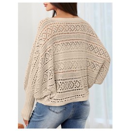 Verdusa Women's Off The Shoulder Sweater Crochet Dolman Sleeve Hollow Out Oversized Boat Neck Long Sleeve Pullovers Light Brown Small