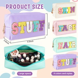 ZAUGONTW - Juego de 4 bolsas de maquillaje con parches de chenilla, bolsa de aseo de piel sintética, impermeable, bolsa de pelo con parches de nailon con cierre, organizador de maquillaje para mujer,