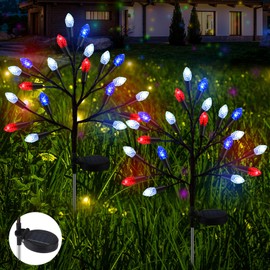 Glooglitter 2 Pcs Solar 4th of July Outdoor Stake Lights Patriotic Independence Day Decorations Outdoor Waterproof 40 LED Red White and Blue Lights for Outside Pathway Porch Yard Grave Cemetery
