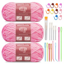 SUVSOON 3 * 100g Chenille Yarn, Chenille Velvet Yarn for Crocheting and Knitting with Needles Stitch Marker Handcrafts Weaving Soft Chenille Yarn for Blankets, Clothes, Pattern Knitting (Pink)