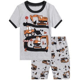 Popshion Truck Pajamas Boys Excavator Pajamas Summer Pjs Toddler 2 Piece Short Sleeve Pjs Set 100% Cotton Kids Jammies Baby Boy Short Sets 4t/6975